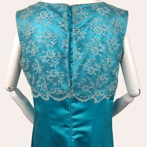 Vintage 1960s MOD Aqua Cocktail Dress Party Gown Lace Bodice Turquoise Satin M - Picture 12 of 13